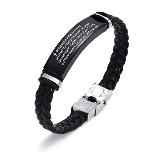 Leather Bracelet Sobriety Gifts for Men : Inspirational Quote/Bible Verse Engraved Braided Black Mens Bracelet for Him, Customized Religious Christian Gift Jewelry for Son/Dad/Boys/Boyfriend/Husband - style: 08:Serenity prayer