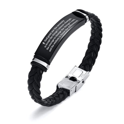 Leather Bracelet Sobriety Gifts for Men : Inspirational Quote/Bible Verse Engraved Braided Black Mens Bracelet for Him, Customized Religious Christian Gift Jewelry for Son/Dad/Boys/Boyfriend/Husband - style: 08:Serenity prayer