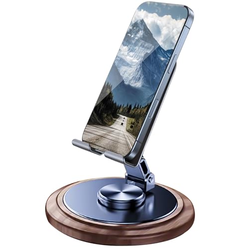 Adjustable Cell Phone Stand,360 Rotating Foldable Desktop Cellphone Stand with Anti-Slip Base Portable Phone Holder for iPhone 16 15 14 13 Pro Max, All Smart Phones, iPad (Wood)