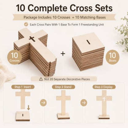 Homoyoyo Wooden Crosses for Crafts, 10 Pack, 6.6 Inch with Wood Bases