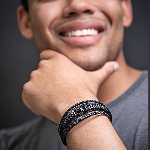 SERASAR Men's Leather Bracelet with Stainless Steel Magnetic Clasp - color: Black, size: 20cm, style: Flake