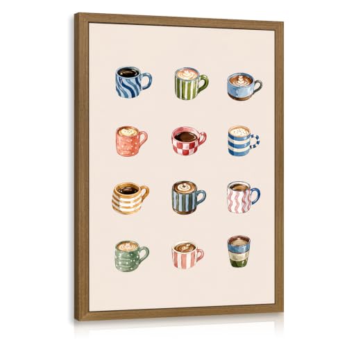 OPFDE Wood Framed Coffee Cups Wall Art, Minimalist Coffee Bar Poster Print, Colorful Espresso Latte Illustration Wall Decor, Vintage Cafe Kitchen Artwork for Dining Room Breakfast Office 12x16 Inch - color: Illustration, size: 16"L x 12"W