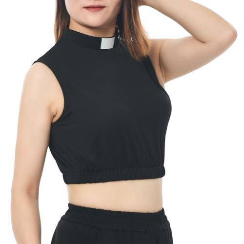 Women's Clergy Crop Top Sleeveless T-Shirt Tab Collar Clergy Priest Church Clergy Bib - color: Black, size: X-Large