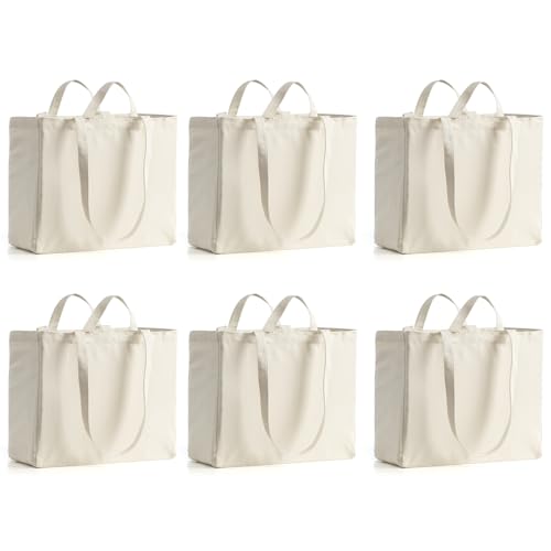 LINICE 6 Pack Canvas Grocery Bags with Long Shoulder Strap and Short Handle - color: 6 Pack