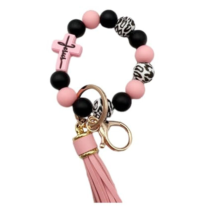 Silicone Beaded Jesus Cross Wristlet Keychain Leather Tassel,Key Ring Wrist Bangle,Key Chains Bracelet Women - color: Pink Cross