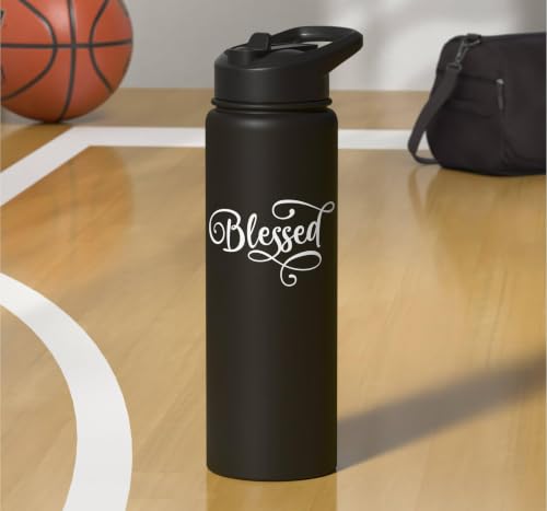 Blessed White Fancy Script Christian Religious God Jesus Stainless Steel Insulated Water Bottle - color: Black
