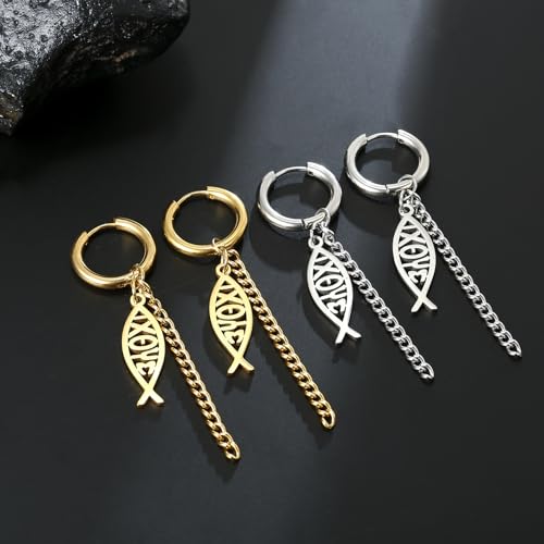 Ichthus Fish Dangle Earrings Ichthus Cross Earrings Christian Jesus Fish Earrings Religious Jewelry Christian Symbols Accessories Gift for Women - color: Jesus Fish gold