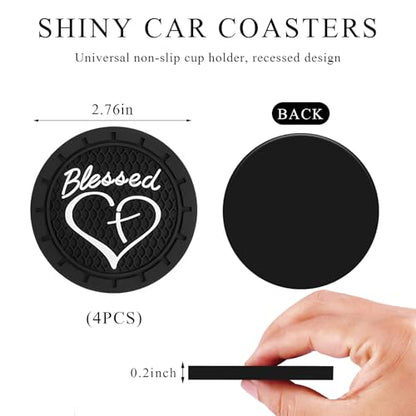 KVAEY 2 PCS Car Cup Holder Coasters, 2.76 Inch Anti Slip Vehicle Drink Mats with Cute Blessed Cross and Heart, Shockproof, Universal Car Accessories (Black, 4 PCS) - color: Black, size: 4 PCS