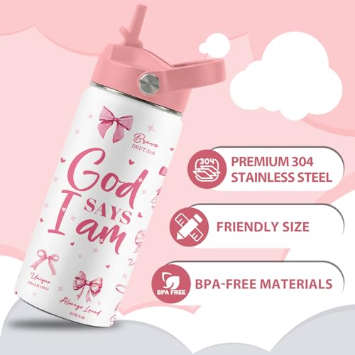 Christian Gifts, Pink Bow Water Bottle with Straw Lid, 16 oz Insulated Stainless Steel, Christian Cups Gifts for Birthday Christmas - color: Christian