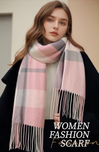Winter Scarf for Women Plaid Long Oversized blanket Shawl Wraps Gift - color: Pink & Grey