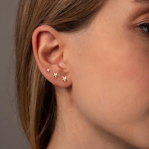 LLWOM 3 Pairs Tiny Flat Back Earrings, Hypoallergenic 14K Real Gold Plated Helix Cartilage Earrings Post Studs Jewelry for Women Gift - color: Gold-Star