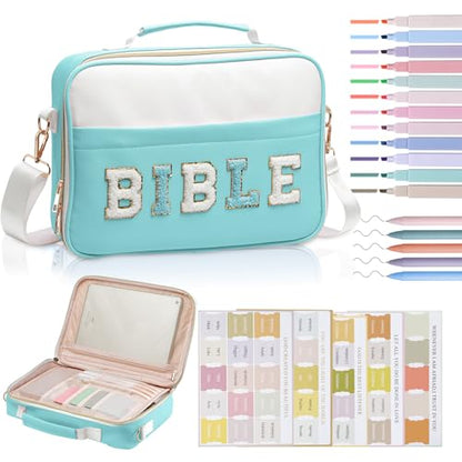 KOPKOFT Bible Cover Case for Women, Large Chenille Letter Leather Bible Case with Bible Study Accessories, Bible Study Supplies Bible Journaling Kit, Christmas Christian Gift for Women Girls - color: Light Blue