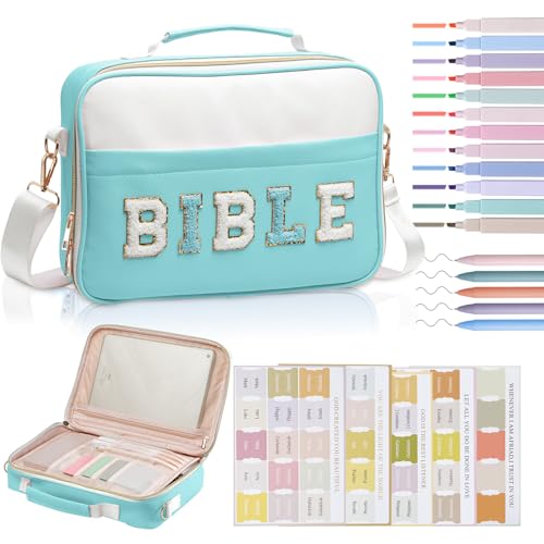 KOPKOFT Bible Cover Case for Women, Large Chenille Letter Leather Bible Case with Bible Study Accessories, Bible Study Supplies Bible Journaling Kit, Christmas Christian Gift for Women Girls - color: Light Blue