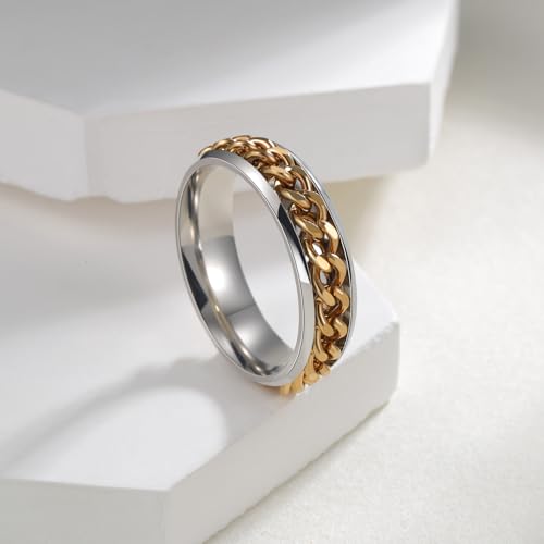 Mens Fidget Rings Anxiety Ring for Men 6mm 8mm Chain Spinner Ring Size 5-14 - color: Titanium Silver Gold