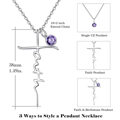 PRAYMOS Faith Cross Necklace for Women 925 Sterling Silver Pendant Necklace With Birthstone Initial Christian Religious Confirmation Baptism Mothers Day Gifts - color: 2-Silver February(Amethyst)