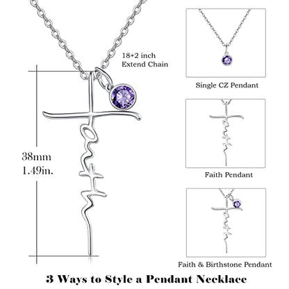 PRAYMOS Faith Cross Necklace for Women 925 Sterling Silver Pendant Necklace With Birthstone Initial Christian Religious Confirmation Baptism Mothers Day Gifts - color: 2-Silver February(Amethyst)