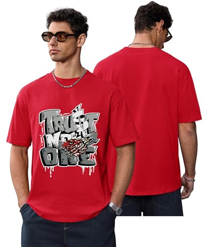 Herberton Men's Graphic T-Shirt Loose Fit Cotton Fashion Casual Streetwear Crewneck Short Sleeve Tee (S-XXL) - color: Red, size: Large
