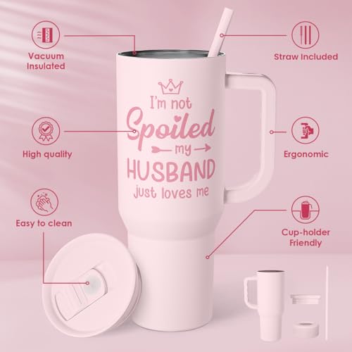 SANDJEST Gift for Wife from Husband, Funny Insulated Stainless Steel Tumbler 40oz with Handle and Straw - Travel Coffee Mug Gift for Wifey on Wedding Anniversary Christmas Birthday Valentine - color: Wife 1