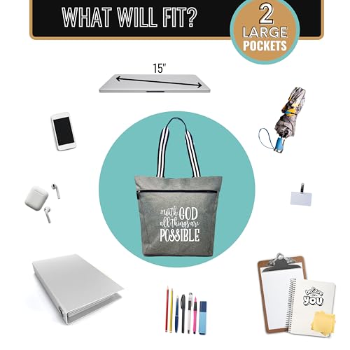 Brooke & Jess Designs Church Bags for Women - Bible Tote Bags for Women, Large Tote Bag for Womens with Zipper - color: With God Gray Lexie
