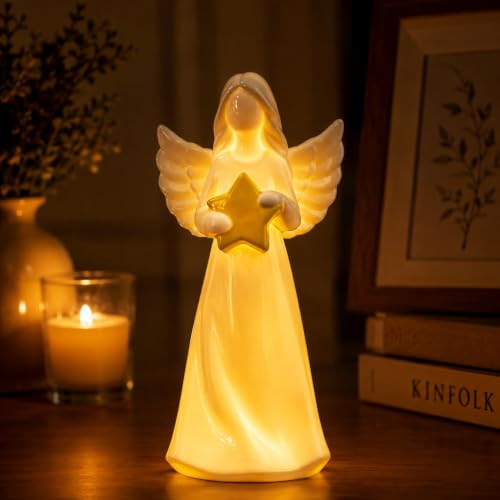 ADAVAS.Y&G Angel Figurine Holding Star with LED Light, Ceramic Angel Statue, Inspirational Faith Home Decor, Christian Religious Decoration, Warm Light Angel Night Light, Batteries Included - color: White With Yellow