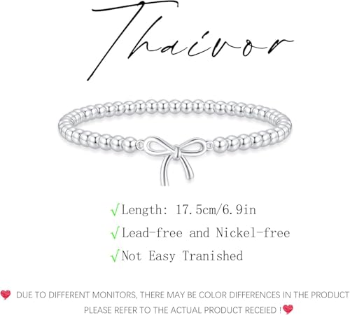 Beaded Bracelets for Women 14K Silver Gold Plated Stretch Handmade Ball Bracelets Cute Charm Bracelet Dainty Stackable Cross Heart Bow Wave CZ Circle Trendy Jewelry Easter Gifts - color: Gold-7