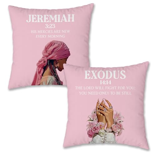 Pink Christian Black Girl Pillow Covers 18x18, His Mercies are New Every Morning Bible Verse Religious Decorative Pillow Cover Pillowcase for Girls Dorm Bedroom Apartment, Set of 2 - color: Black Girl-1