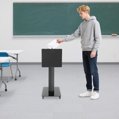Suggestion Box with Lock and Key Donation Box with Stand and Wheel Acrylic Ballot Box Standing Offering Box for Church, Office, Voting (Black, Round Hole) - color: Black, size: Round Hole