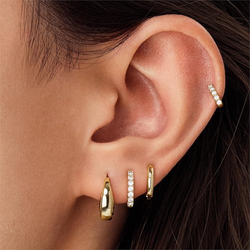 Small Gold Huggie Hoop Earrings Set for Women Men Hypoallergenic 14K Plated Stack Cartilage Earrings, Sterling Silver Multiple Piercing Lightweight Mini Thin Cute Dainty Trendy Jewelry Gifts for Women - color: Gold-8,8,10mm