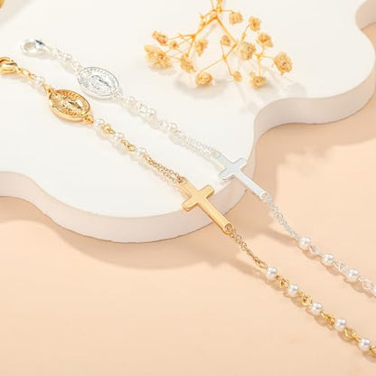 Catholic Bracelets Gifts for Women Girls, Simulated Pearl Rosary Beads Virgin Mary Cross Charm Bracelet Confirmation First Communion Baptism Religious Christian Jewelry Gift - color: Baptism Gold
