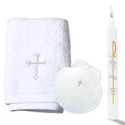 Baptism Candle Set for Boy Girls - Baptism Kit Include Baptismal Candles, Towel and Shell. Vela para Bautizo, Christening Set Velas para Bautizo De Niño Baptismal Kit Gifts (Silver) - color: Silver
