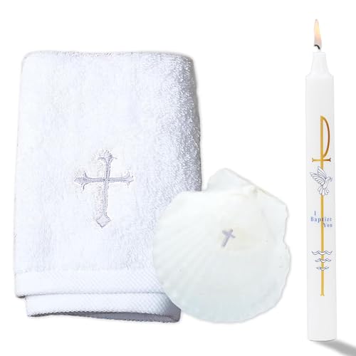 Baptism Candle Set for Boy Girls - Baptism Kit Include Baptismal Candles, Towel and Shell. Vela para Bautizo, Christening Set Velas para Bautizo De Niño Baptismal Kit Gifts (Silver) - color: Silver