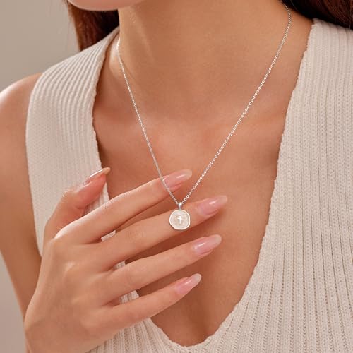 925 Sterling Silver Mother of Pearl Cross Necklace for Women - color: Silver-White