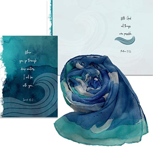 Smiling Wisdom | With God All Things Are Possible Greeting Card and Matching Scarf Gift Set | Sympathy Empathy Consoling | Women Men | Blue Deep Waters