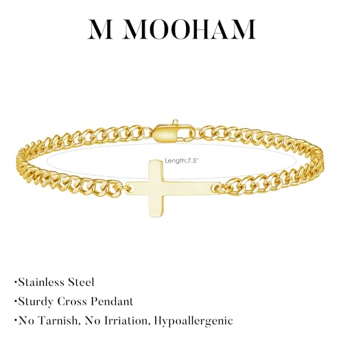 M MOOHAM Cross Bracelet for Men, Silver/14K Gold Plated Mens Bracelet - color: 14K Gold Plated Cuban Chain-7.5Inch