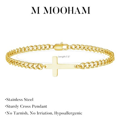M MOOHAM Cross Bracelet for Men, Silver/14K Gold Plated Mens Bracelet - color: 14K Gold Plated Cuban Chain-7.5Inch