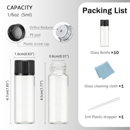 Elfenstall- 10pcs 5ml 1/6oz Vials Clear Glass Bottle with Orifice Reducer Black Caps Jars Portable For Travel Essential Oil Perfume Liquid Sample - color: Clear-10pcs