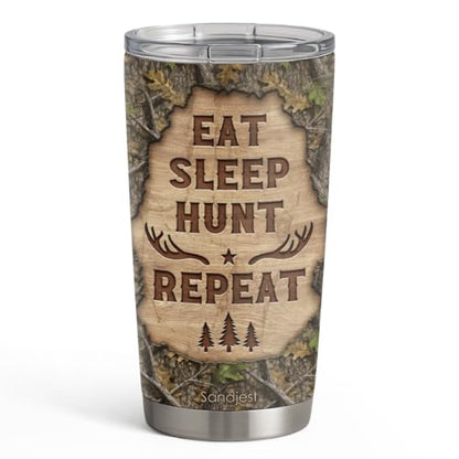 SANDJEST Hunting Tumbler 20oz, Stainless Steel Travel Cup with Lid, Eat Sleap Hunt Repeat Insulated Coffee Mug, Hunting Gifts for Men Friends Dad Grandfather on Birthday Christmas - color: Hunting