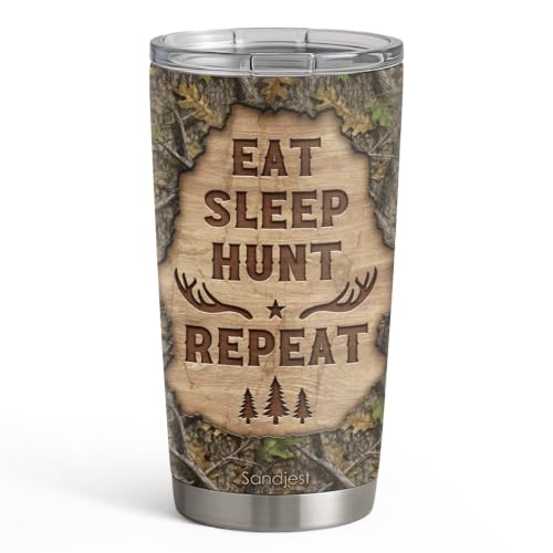 SANDJEST Hunting Tumbler 20oz, Stainless Steel Travel Cup with Lid, Eat Sleap Hunt Repeat Insulated Coffee Mug, Hunting Gifts for Men Friends Dad Grandfather on Birthday Christmas - color: Hunting