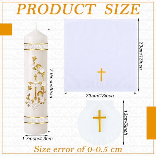 Lyrow Baptism Candle Set Complete Christening Gift Kit with Shell, Candle & Towel, White Gold Communion for Baptism, First Holy Communion, Catholic Sacraments(Vintage)