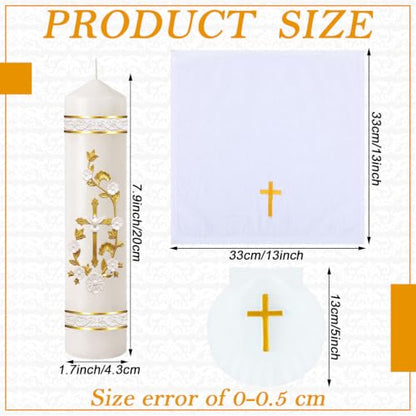 Lyrow Baptism Candle Set Complete Christening Gift Kit with Shell, Candle & Towel, White Gold Communion for Baptism, First Holy Communion, Catholic Sacraments(Vintage)