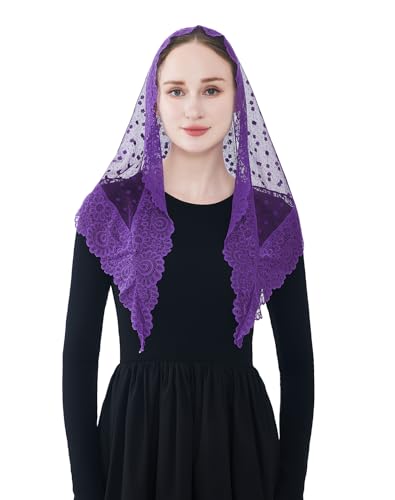 Wgior Triangle Vintage Inspired Lace Chapel Veils Catholic Mass Head Covering Scarf Mantilla Veils for Church - color: Dark Purple