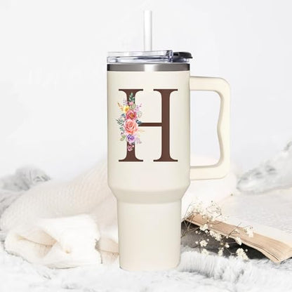 Personalized Gifts for Women, Customized Mother's Day, Birthday, Xmas Gift For Grandma, Mom, Wife, Friends, Sisters, Coworkers, Monogrammed Tumbler 40oz with Lid and Straw - color: H