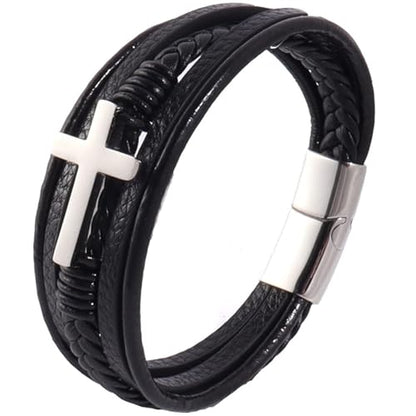 Stainless Steel Braided Leather Bracelet for Men Cuff Bangle Cross - color: 1-silver