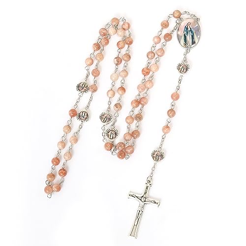 Nazareth Store Natural Stone Beads with Miraculous Epoxy Heart Metal Beads Rosary Necklace Gemstone Christian Gifts - color: Sunstones