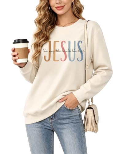 Christian Sweatshirts for Women Jesus Long Sleeve Graphic Shirts - color: Beige, size: XX-Large