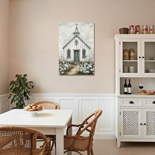 LZIMU Christian Church Wall Art Country Farmhouse Church Picture Religious Faith Cross Painting Rustic Vintage Wildflowers Canvas Print Gray Artwork Home Decor (20L x 16W) - size: 20"L x 16"W