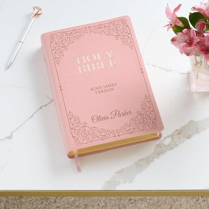 Personalized Pink KJV Bible, Custom Engraved Giant Print Holy Bible, Leathersoft, Red Letter, Thumb Index & Ribbon Marker - Add Any Text - Ideal Gift for Baptism, Confirmation, or Wedding