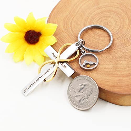 Uloveido Stainless Cross Infinity Keychain Mustard Seed Charms Psalm 46:5 Christian Bible Quote Keyring Baptism Gift - style: Round Mountain