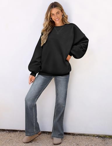 UEU Women Oversized Striped Crewneck Sweatshirt Long Sleeve Casual Pullover - color: Black, size: Small