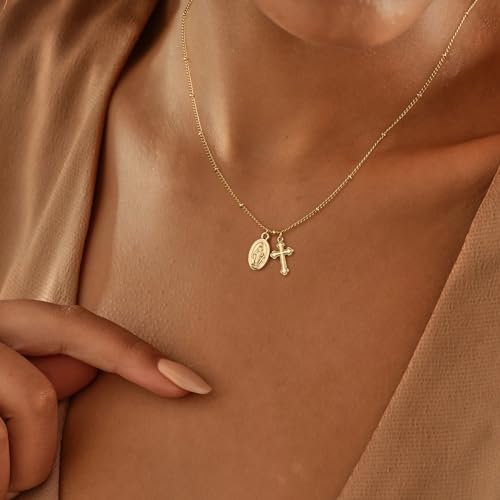 Rotnso Cross Necklace for Women 14K Gold Plated Dainty Small Pendant Choker - style: Virgin Mary Cross-GD